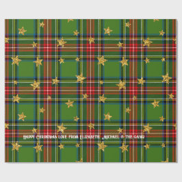 Green Tartan Gold Star Personalized Christmas ラッピングペーパー