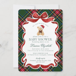 Green Tartan Plaid Christmas Bear Baby Shower 招待状