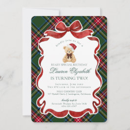 Green Tartan Plaid Christmas Bear Birthday 招待状