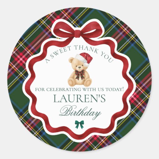 Green Tartan Plaid Christmas Bear Birthday Favor ラウンドシール (正面)