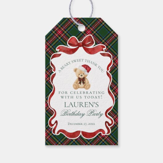 Green Tartan Plaid Christmas Bear Birthday Favors ギフトタグ (正面)