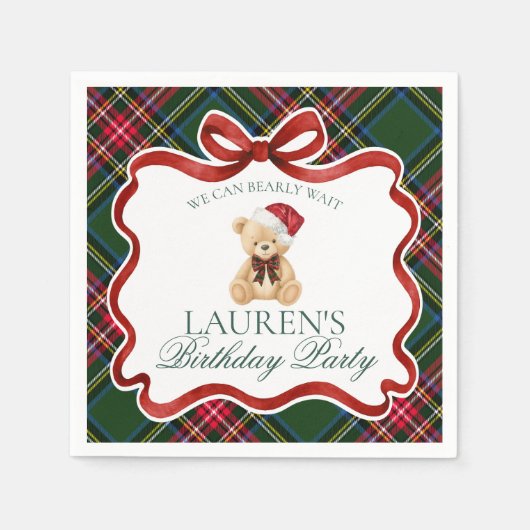 Green Tartan Plaid Christmas Bear Birthday Party スタンダードカクテルナプキン (正面)