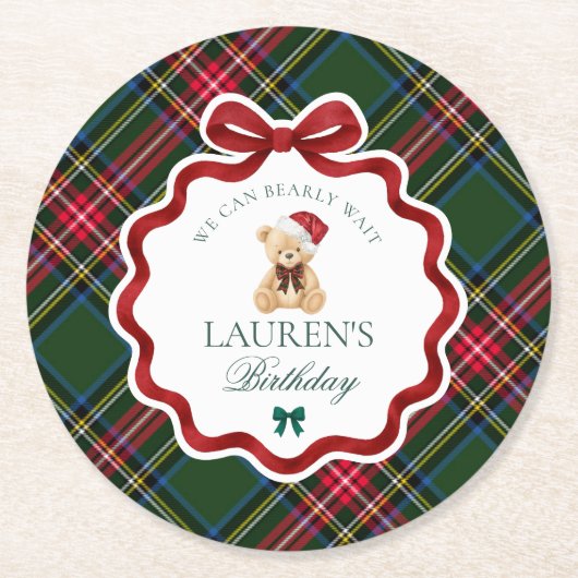 Green Tartan Plaid Christmas Bear Birthday Party ラウンドペーパーコースター (正面)