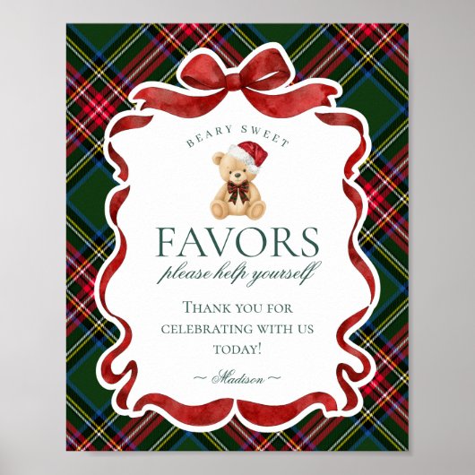 Green Tartan Plaid Christmas Bear Party Favor Sign ポスター (正面)