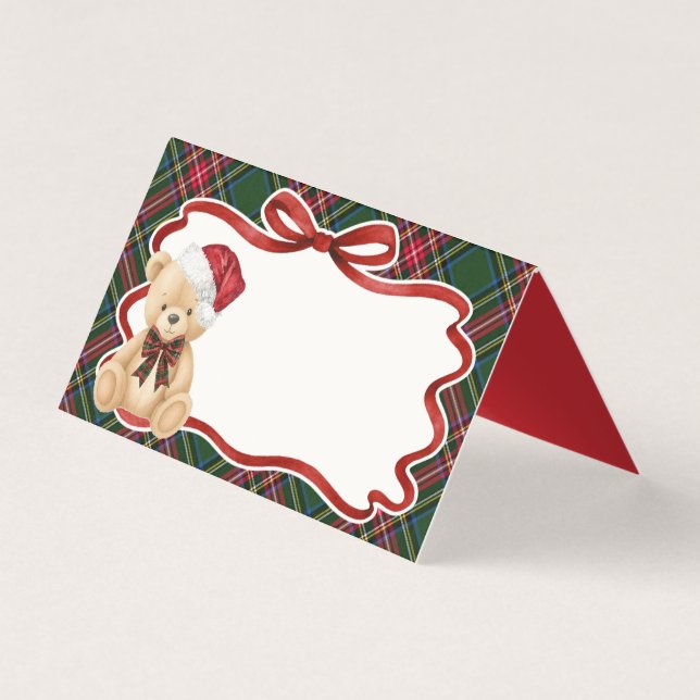 Green Tartan Plaid Christmas Bear Place Card (正面)