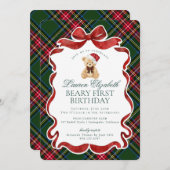 Green Tartan Plaid Christmas Beary First Birthday 招待状 (正面/裏面)