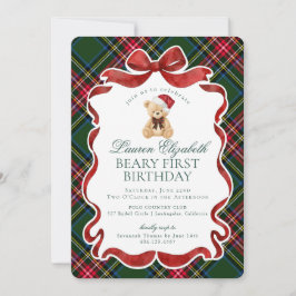 Green Tartan Plaid Christmas Beary First Birthday 招待状