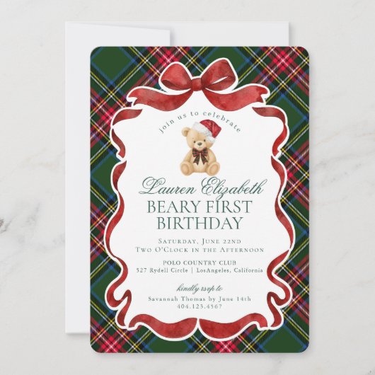 Green Tartan Plaid Christmas Beary First Birthday 招待状 (正面)
