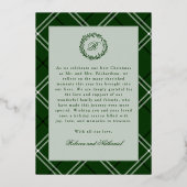 Green Tartan Plaid First Christmas Married Photo 箔シーズンカード (裏面)