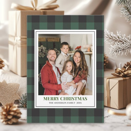 Green Tartan Plaid with Christmas Family Photo シーズンカード