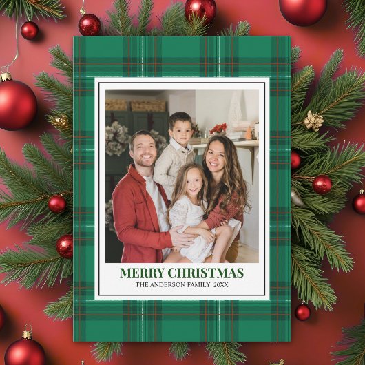 Green Tartan Plaid with Christmas Family Photo シーズンカード