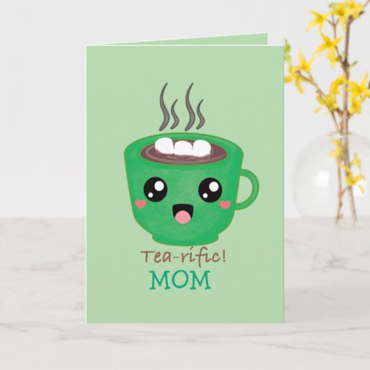 Green Tea Mug with quote Tea-rific カード (黄色い花)