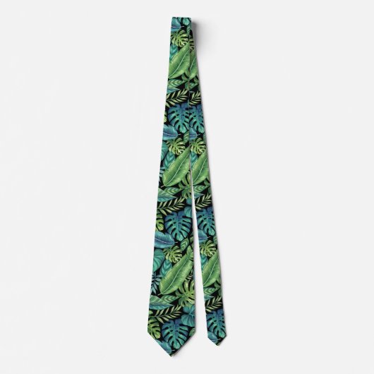 Green & Teal Tropical Palm Banana Monstera Leaves ネクタイ (正面)