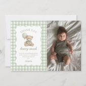 Green Teddy Bear Birthday Photo Thank You Card (正面)
