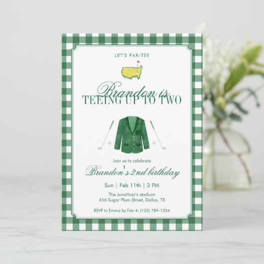 Green Teeing Up To Two Golf 2nd Birthday Gingham 招待状 (スタンド正面)