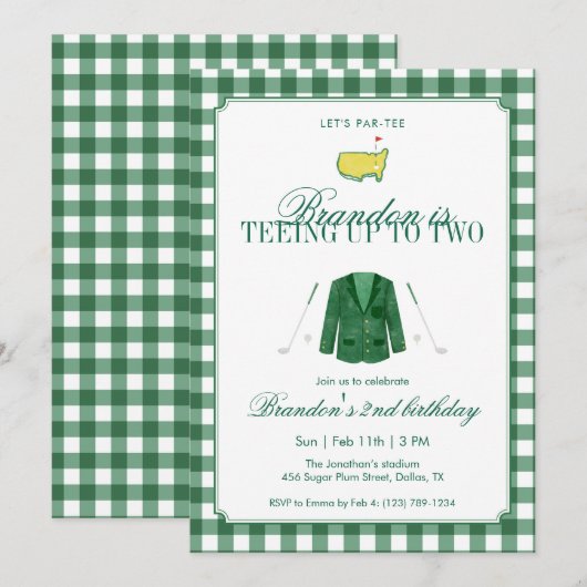 Green Teeing Up To Two Golf 2nd Birthday Gingham 招待状 (正面/裏面)