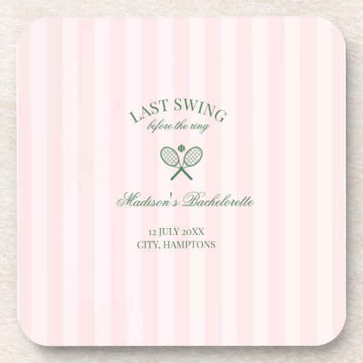 Green Tennis Rackets Pink Striped Bridal Shower  コースター (正面)