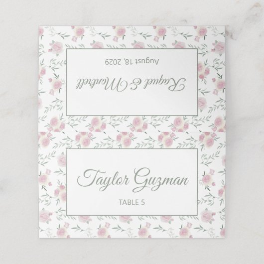 Green Text Floral Pattern Folded Place Card プレイスカード (外部開封)