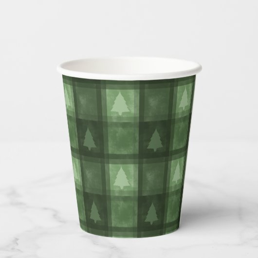 Green Textured Plaid And Fir Tree Shapes Christmas 紙コップ (裏面)