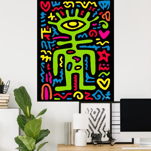 Green Third Eye Alien – Funky Neon Pop Art Wall ポスター (ホームオフィス)