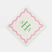 Green Three Letter Monogram with Pink Wavy Square スタンダードランチョンナプキン (角)