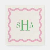 Green Three Letter Monogram with Pink Wavy Square スタンダードランチョンナプキン (正面)