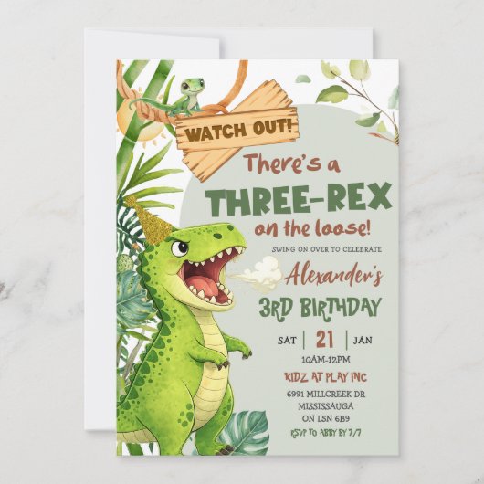 Green Three Rex On The Loose Third Birthday 招待状 (正面)