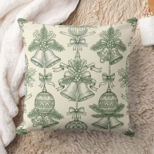 Green Toile Christmas Bells & Ornaments Pattern クッション (ブランケット)