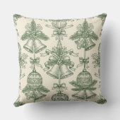 Green Toile Christmas Bells & Ornaments Pattern クッション (裏面)