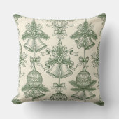 Green Toile Christmas Bells & Ornaments Pattern クッション (正面)