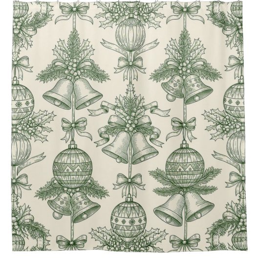 Green Toile Christmas Bells & Ornaments Pattern シャワーカーテン (正面)