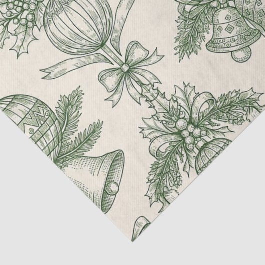 Green Toile Christmas Bells & Ornaments Pattern 薄葉紙 (詳細)