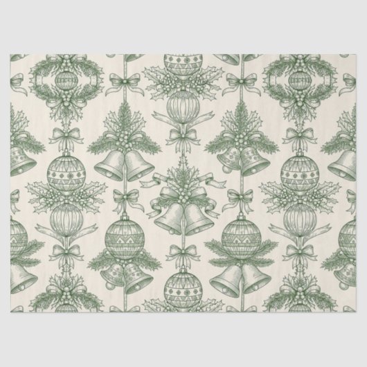 Green Toile Christmas Bells & Ornaments Pattern 薄葉紙 (正面)
