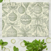 Green Toile Christmas Bells & Ornaments Pattern 2 キッチンタオル (折り畳み)