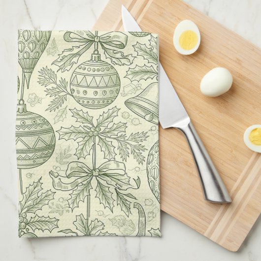 Green Toile Christmas Bells & Ornaments Pattern 2 キッチンタオル (四つ折り)