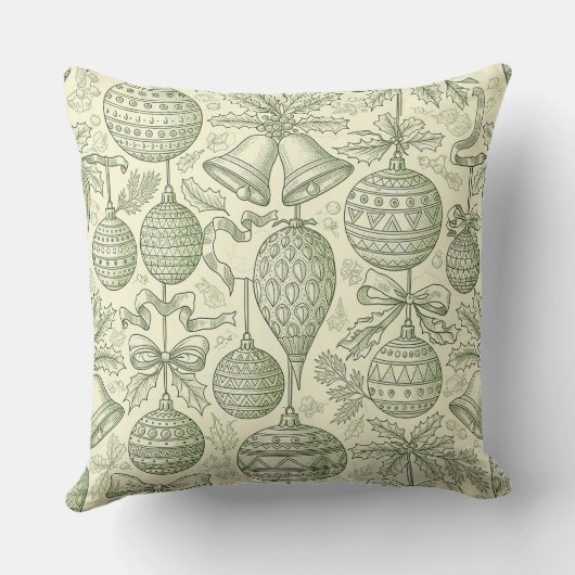 Green Toile Christmas Bells & Ornaments Pattern 2 クッション (裏面)