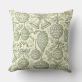 Green Toile Christmas Bells & Ornaments Pattern 2 クッション (正面)