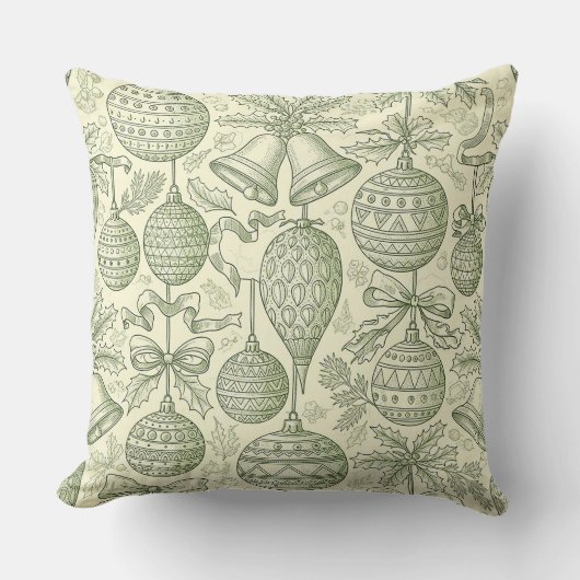 Green Toile Christmas Bells & Ornaments Pattern 2 クッション (正面)