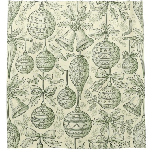 Green Toile Christmas Bells & Ornaments Pattern 2 シャワーカーテン (正面)