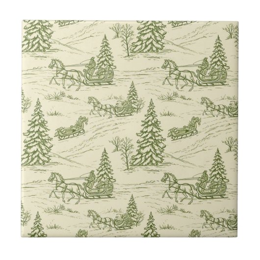 Green Toile Christmas Sleigh Ride Pattern タイル (正面)
