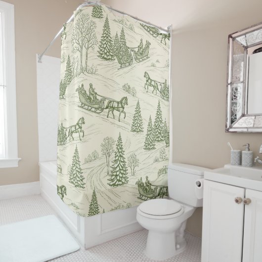 Green Toile Christmas Sleigh Ride Pattern (2) シャワーカーテン (インサイチュ)
