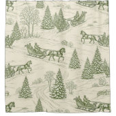 Green Toile Christmas Sleigh Ride Pattern (2) シャワーカーテン (正面)