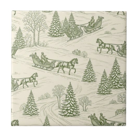 Green Toile Christmas Sleigh Ride Pattern (2) タイル (正面)