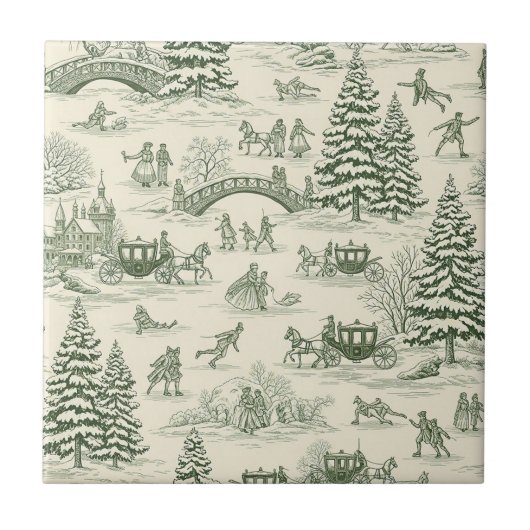 Green Toile Christmas Sleigh Ride Pattern (3) タイル (正面)