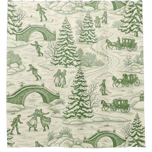 Green Toile Christmas Sleigh Ride Pattern (4) シャワーカーテン (正面)