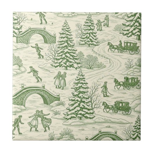 Green Toile Christmas Sleigh Ride Pattern (4) タイル (正面)