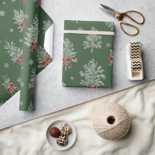 Green Toile Christmas Tree Pattern ラッピングペーパー (クラフト)