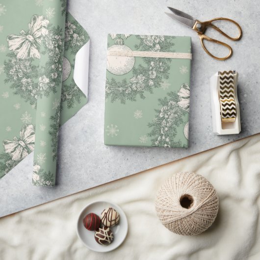 Green Toile Christmas Wreath Pattern ラッピングペーパー (クラフト)