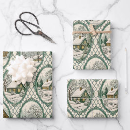 Green Toile Country Cottage Frame Lattice Pattern ラッピングペーパーシート