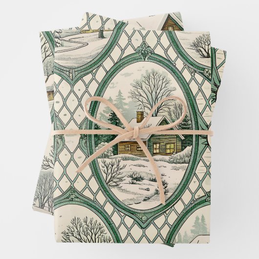 Green Toile Country Cottage Frame Lattice Pattern ラッピングペーパーシート (インサイチュ)